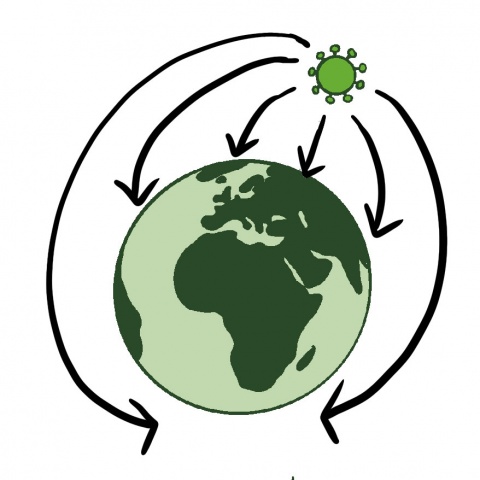 Das Corona-Virus breitet sich um die ganze Welt aus. Die Verbreitung wird mit Pfeilen rund um den Globus dargestellt.