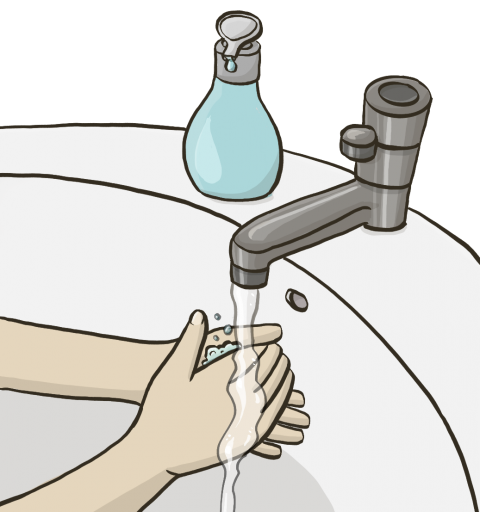 Eine Person wäscht sich unter fließendem Wasser die Hände.