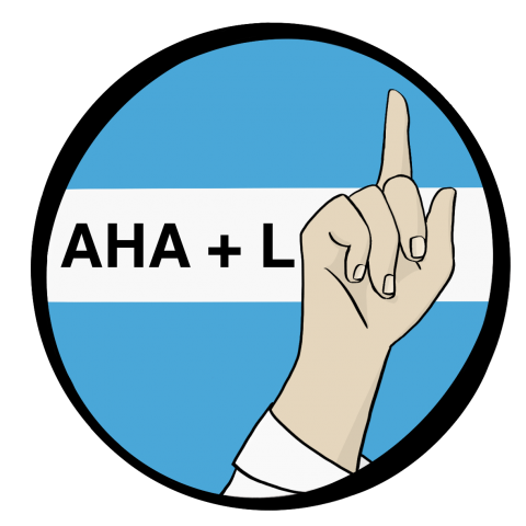 Eine Hand mit erhobenem Zeigefinger. Daneben steht AHA+L in Großbuchstaben.
