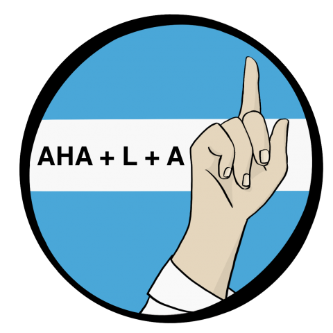 Eine Hand mit erhobenem Zeigefinger. Daneben steht AHA+L+A in Großbuchstaben.