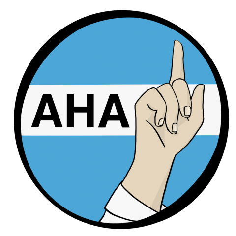 Eine Hand mit erhobenem Zeigefinger. Daneben steht AHA in Großbuchstaben.