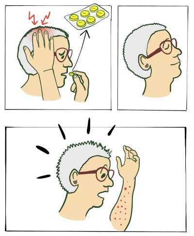Eine Person nimmt eine Kopfschmerztablette. Die Kopfschmerzen gehen weg, aber sie bekommt davon Hautausschlag am Arm.