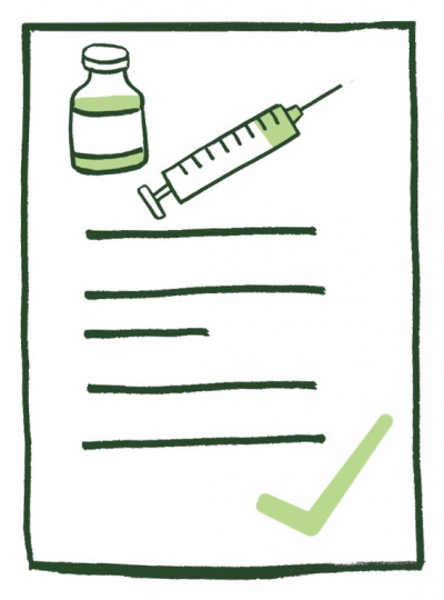Ein Zertifikat mit Schrift und einer Flasche mit Impfstoff und einer Spritze, unten ein großer, grüner Haken.