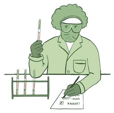Eine Wissenschaftlerin in Schutzkleidung hält in einer Hand ein Reagenzglas und macht sich mit der anderen Hand Notizen.