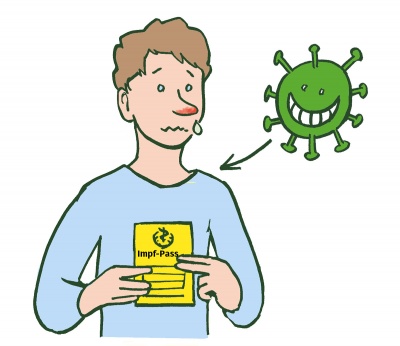 Ein Mann mit Schnupfnase hält einen Impfausweis in der Hand. Über ihm schwebt ein grinsendes Corona-Virus.