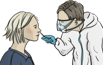 Ein Mann in Schutzkleidung steckt einer jungen Frau ein Teststäbchen in die Nase.