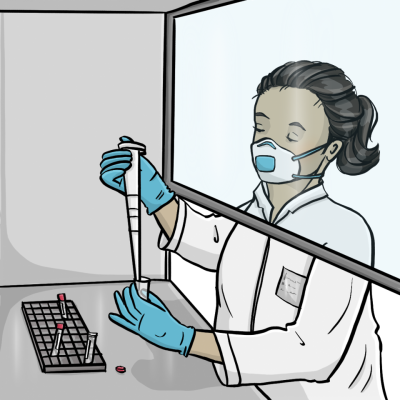 Eine Frau in Schutzkleidung untersucht im Labor eine Probe.