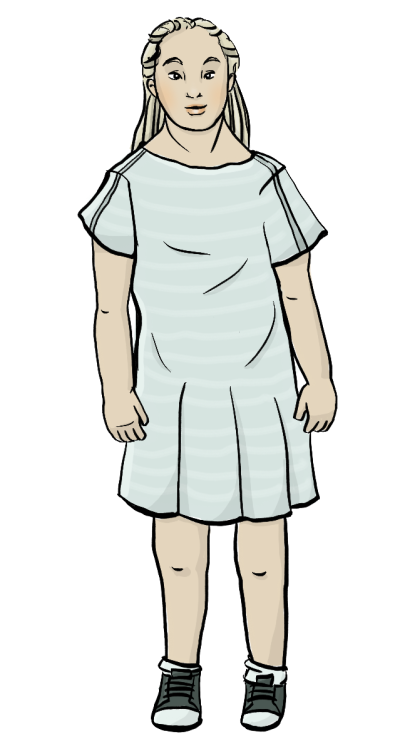 Zeichnung einer jungen, langhaarigen Frau mit Trisomie 21