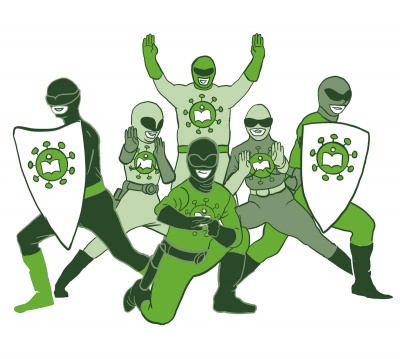 Eine sechsköpfige Mannschaft in Superheldenkostümen posiert. Sie tragen Masken, man erkennt ihre Gesichter nicht. Zwei von ihnen tragen Schutzschilder. Alle haben auf ihren Kostümen dasselbe Logo: ein Coronavirus mit dem Leichte-Sprache-Logo kombiniert.