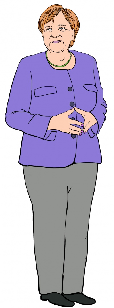 Angela Merkel steht mit ihrer typischen Raute-Geste freundlich lächelnd da. Sie trägt einen pinken Anzug, eine grüne Halskette und eine graue Hose.
