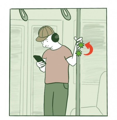 ein junger Mann mit großen Kopfhörern steht in einem Bus und schaut auf sein Handy. Dabei hält er sich an einer Haltestange fest. Von der Stange wandern Coronaviren auf seine Hand, betont nochmal durch einen großen Pfeil.
