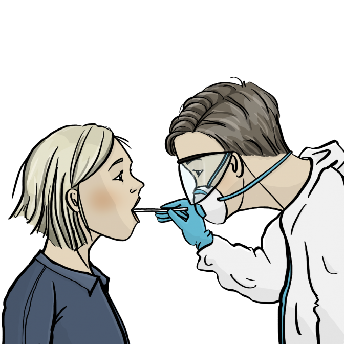 Ein Arzt in Schutzkleidung macht einen Abstrich im Mund einer Patientin.