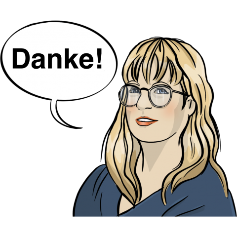 Eine Zeichnung von Anne Leichtfuß mit langen Haaren und Brille. In einer Sprechblase steht danke.